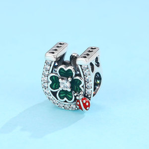 Amuleto de Plata S925 con Herradura de la Suerte, Trébol de Cuatro Hojas y Mariquita con Esmalte Verde y Rojo, Joyería de la Suerte DIY para Mujer, Regalo - Product Image 4