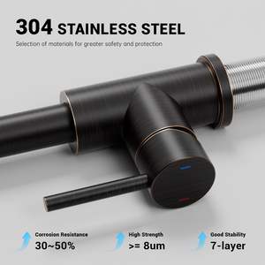 Grifo de Cocina Clásico Moderno, Negro Mate, Acero Inoxidable, Rociador Extraíble, Doble Manija, Montaje en Encimera, 1 Orificio - Product Image 5