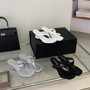 Women Square Toe Wedge Sandals Minimalist Thong <b>Heeled</b> Mules Elegant Summer Dress Shoes Party Office Daily Wear <b>White</b> - Product Image 1