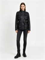 Veste en cuir véritable pour femme, style streetwear, col montant, en peau de mouton, avec multiples poches irrégulières, fabrication artisanale, direct usine