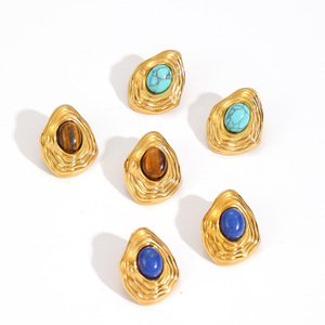 Geometric <b>Stud</b> <b>Earrings</b> With Natural Stone Bezel Setting Stainless Steel For Women Irregular Folds Design - Product Image 4