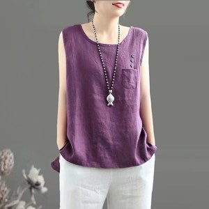 Women's Sleeveless Linen Cotton Vest Solid Color Round Neck Pocket Breathable Tank Top Spring Summer Wear - Product Image 2