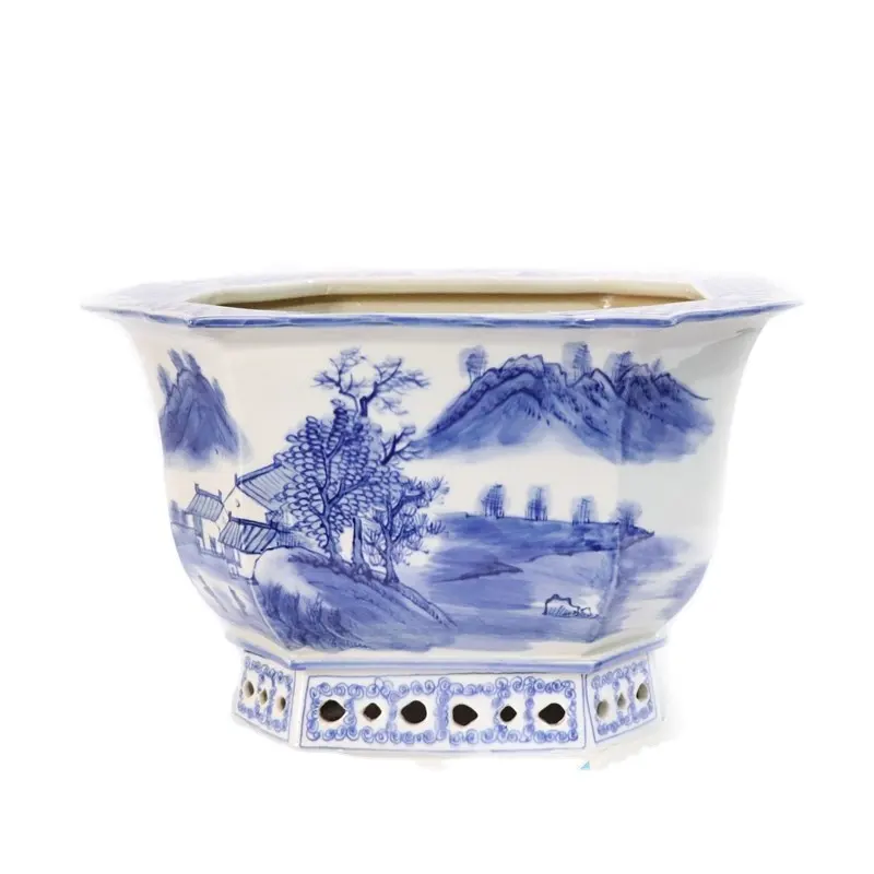 RYLU168 Hand painted blue and white landscape and portraiture design ceramic flower pot