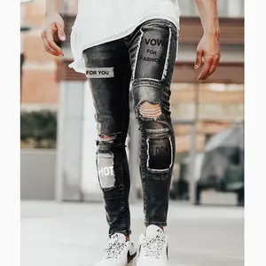 Fancy nuovo stile della via di modo super skinny con il logo personalizzato patch di stampa sul foro strappato i jeans da uomo