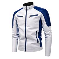 Blouson en cuir rétro pour homme, style motard, décontracté, ajusté, tendance automne, avec patchwork, fermeture éclair en toile délavée et col montant, ODM