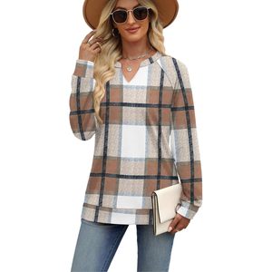 FOXA Women's V Neck Long Sleeve Plaid Sweatshirt Lightweight Casual Autumn <b>Top</b> Breathable Fashion Sweater Outfit - Product Image 4