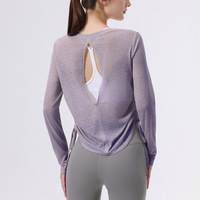 Blouse de sport pour femme en polyester 100% respirant, micro-transparente, dos creux, à lacets, à manches longues, pour le yoga