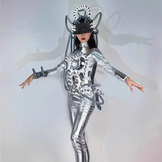 Stage Dance Costume LED Illuminated Headwear Black White Tassel Dress Gogo Female Dot Dance Granular Show 100% Polyester Sets