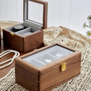 North American <b>Black</b> Walnut Wood Watch <b>Box</b> 13.7x12x8.5cm Dustproof Rectangle Storage For Couples Watches - Product Image 1