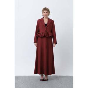 LOREEN Women's Elegant Burgundy Ruffle Detail Jacket and <b>Pants</b> Suit Set for Office & Daily Wear, Modern Two-Piece Outfit - Product Image 2