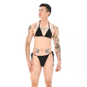 Conjunto de bikini para hombre, traje de baño elástico con cordones y cuello halter, color negro, 2 piezas - Product Image 1