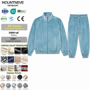 Ensemble de survêtement homme 2 pièces streetwear en velours bleu poussière personnalisé, avec fermeture éclair intégrale, manches raglan, col montant et poignets côtelés - Product Image 1