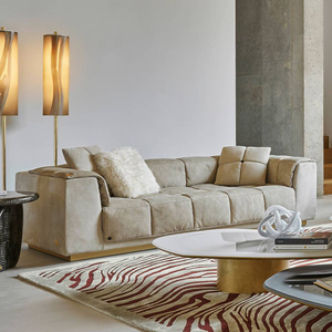 Divano Sezionale Moderno a Tre Posti in Vera Pelle con Base in Acciaio Inossidabile, Trapuntatura a Griglia Segmentata, Bottoni e Texture Goffrata - Product Image 1
