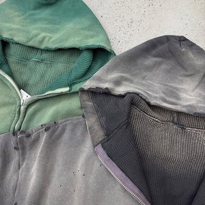 Sudadera con capucha de punto gofrado oversize estilo streetwear, con hombros caídos, cremallera y efecto desgastado, de tejido grueso con lavado ácido, para fabricantes - Product Image 3