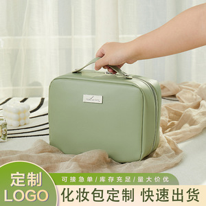 Sac à cosmétiques imperméable de grande capacité avec compartiment pour pinceaux, pour le voyage et le rangement à domicile, matériau PU de couleur unie - Product Image 4