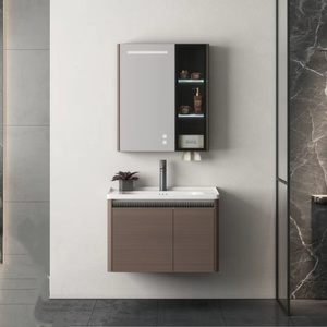 Meuble de salle de bain moderne en PVC, entièrement étanche, structure stable, avec miroir LED et lavabo en céramique - Product Image 3