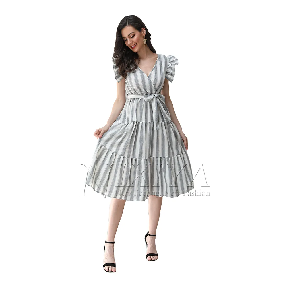Cotton and linen V neck collar Ruffled sleeves dress Elegant floral printing striped prairie dress for women