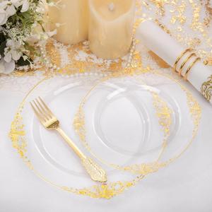 Clear Gold Plastic <b>Plates</b> - Gold Plastic Dinnerware Sets <b>Disposable</b> <b>Plates</b>, for Wedding & Party - Product Image 4