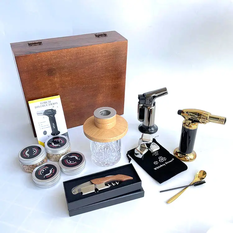 Caja de coctelera de whisky, kit de smoker de cóctel de madera con antorcha