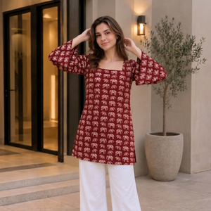 Kurti en rayonne à imprimé éléphant vintage, col rond, coupe ample, tissé, bordeaux, pour l'été, tenue décontractée ou de bureau - Product Image 1