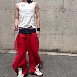 Pantalon large en pur coton pour homme, coupe ample, double taille, broderie rayée rouge, style coréen, léger et décontracté - Product Image 2