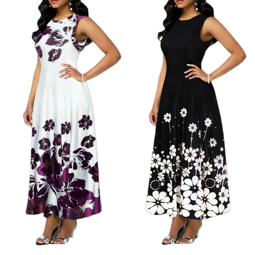 Large size elegant women's floral print long maxi dress sleeveless long flower sundress