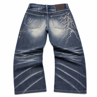 Jeans vintage personnalisés pour hommes, coupe droite, 14 oz, bleu délavé, effet vieilli, broderie éclair, motif nid d'abeille, hiver automne