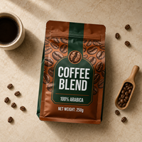 Sachet de café à fond plat personnalisé OEM avec motif de grains de café, 250g, en aluminium, avec fermeture éclair, pour mélange de café