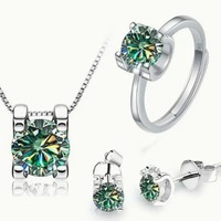 Juego de Joyería de Plata de Ley S925 con Moissanita JAIWEN, Certificado GRA, Collar con Colgante de Moissanita Ajustable, Anillo y Pendientes