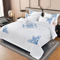 Ensemble de literie en coton brodé bleu classique ultra doux avec logo personnalisé, linge de lit de luxe pour hôtel, villa