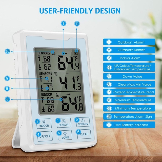 Magnetic Design Wireless Digital Temperature Monitor with 2 Sensors Touch Key LCD Screen Display Time Alerts Backlit for Home