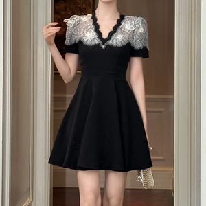 green emerald velvet dress Short sleeve white fit and flare midi dress 1770 – Xiaolizi main image 1