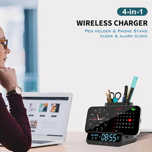 Chargeur sans fil 3 en 1 avec porte-stylo Horloges de bureau avec température et humidité Compatible avec <span class=keywords><strong>iPhone</strong></span> - Product Image 5