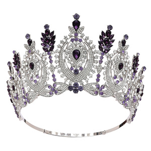 Large Oversized Round <b>Silver</b> <b>Crown</b> Teardrop Colored Gem Rhinestone Tiara For Beauty Contest Wedding Party - Product Image 2