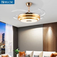 Ventilateur de plafond moderne d'intérieur avec lampe LED, lustre doré, rétractable invisible, ventilateur de plafond Bluetooth avec lumière et musique