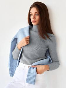 Suéter ajustado elástico para mujer, suéter de cuello alto, Top LARGO DE PUNTO suave para invierno, Tops sólidos básicos de costilla cálida, informal básico de talla grande para otoño - Product Image 6