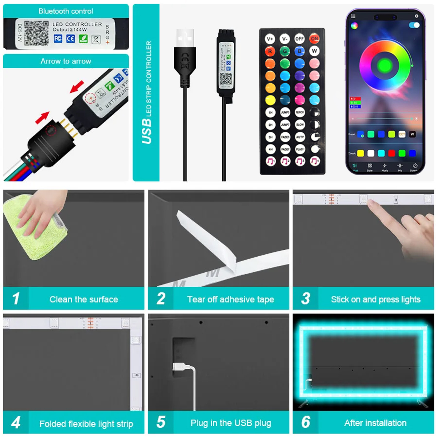 16.4FT 5M RGBIC 5V USB RGB Magic with 24 Keys Remote Control App Controller SMD 5050 Tape Smart LED Strips Lights TV Backlight · image 5