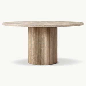 Mesa de Comedor Redonda de Roble Premium con Tapa de Mármol, Pedestal Cilíndrico Acanalado Moderno y Minimalista, Mesa de Banquete Artesanal para Hotel y Villa - Product Image 1