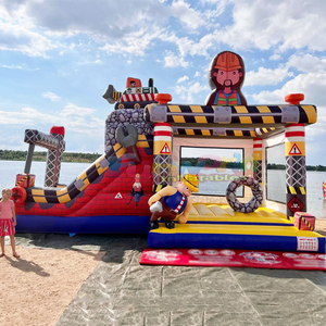 Castillo inflable comercial para niños, con tobogán, para fiestas al aire libre, con diseño de obra de construcción. - Product Image 1