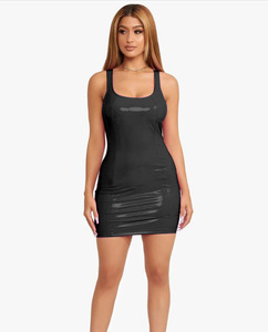 Logotipo personalizado sin mangas PU Mini vestido <span class=keywords><strong>de</strong></span> las mujeres Sexy Halter Bodycon vestido <span class=keywords><strong>de</strong></span> las señoras Night Club Party Clubwear Vestido corto <span class=keywords><strong>de</strong></span> cuero - Product Image 4