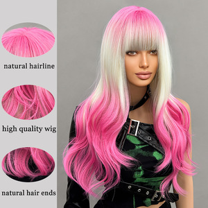 Perruque synthétique longue et volumineuse à franges dégradées, résistante à la chaleur, pour cosplay, dégradé beige rose, style Europe-Amérique, fabriquée à la machine - Product Image 1