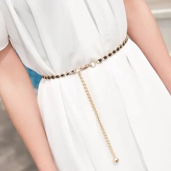 Accessori moda donna primavera estate cintura in vita con abito a catena sottile in metallo placcato oro perla