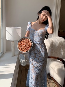 Robe bleue sexy en dentelle florale à col carré, taille haute, robe <span class=keywords><strong>de</strong></span> soirée longue et élégante en queue <span class=keywords><strong>de</strong></span> poisson - Product Image 3