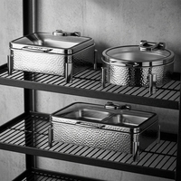 Conteneur de buffet rectangulaire argenté 6L/9L avec dessus en verre résistant à la chaleur, finition mate martelée, et pieds robustes