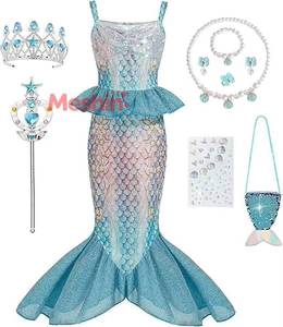 Costume bleu ciel MS - Petite Sirène avec bijoux et sac, robe de princesse pour filles, cadeau d'anniversaire 3-12 ans - Product Image 1