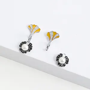 HAIKE Original 925 Sterling Pure Silver Gold Plated 2 Tone Premium Ginkgo Leaf Detachable Asymmetric Drop Earring