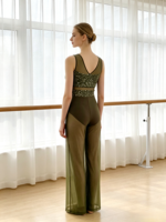 Combinaison de danse lyrique vert olive à sequins et résille, sans manches, avec pantalon large transparent à motif floral, pour performance contemporaine