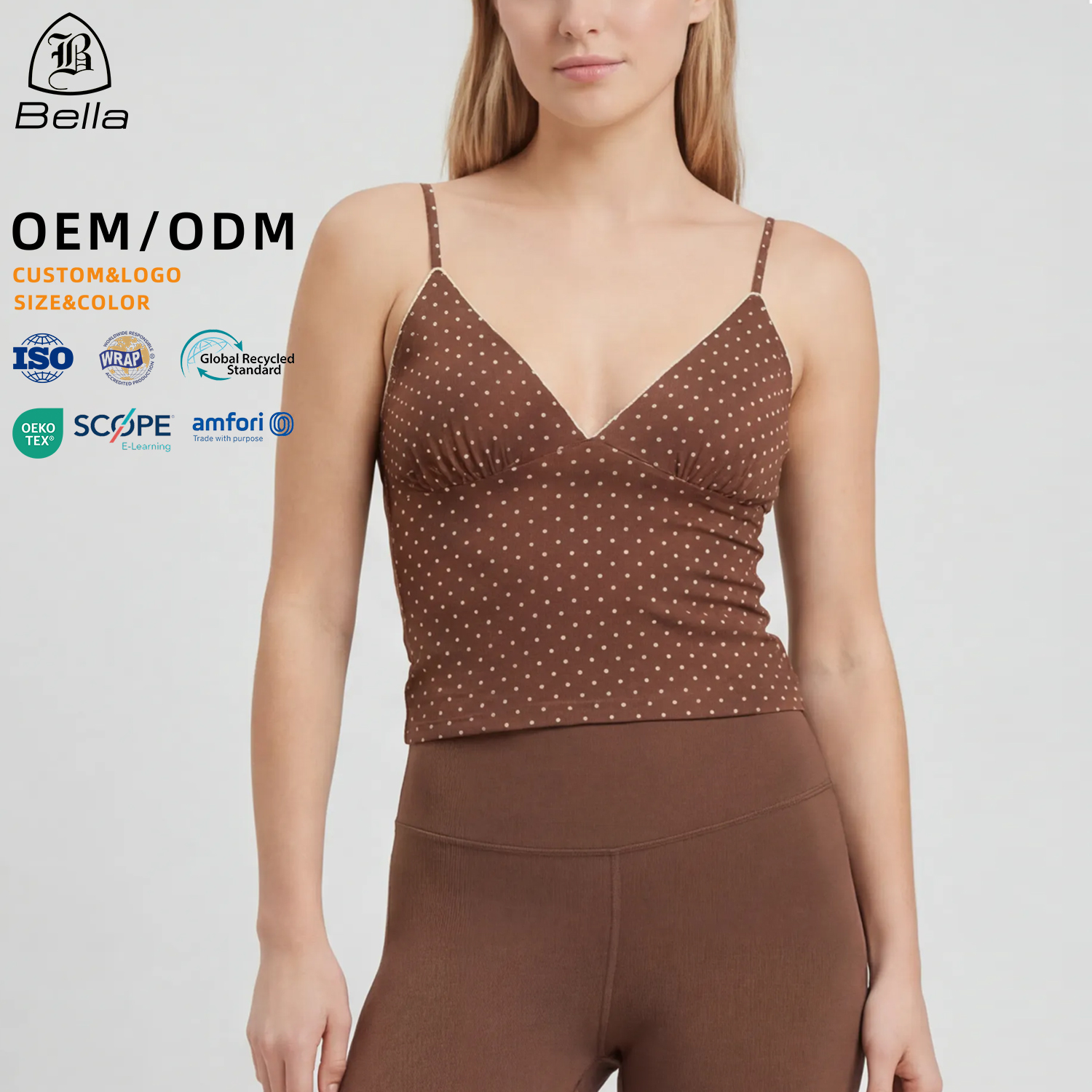 Custom Polka Dot Printed Spaghetti Strap V Neck Yoga Tops Women Breathable Gym Fitness Sports Vest Workout Tank Top