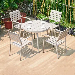 Modern plastic wpc 7 piece stackable chair with table for outdoor wpc aluminium tabletop dining furniture