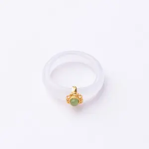 Aimgal fine jewelry S925 silver plated 18K Gold Inlaid white jade chalcedony vintage ring for women